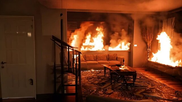 Flying through a contemporary house engulfed in roaring flames.