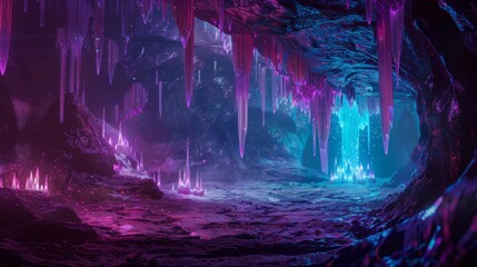 A cave with purple and blue stalactites and stalagmites