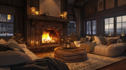 Obraz premium cozy suburban farmhouse featuring a large fireplace in the living room, surrounded by plush seating and rustic decor, ideal for cold winter evenings