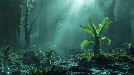 Obraz premium A forest scene with a small plant in the foreground