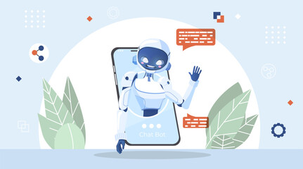 Robot woman waved his hand. AI Content Generator. Chatbot technology. Technology and engineering concept. AI chatbot based on artificial intelligence and neural networks. Online web banner.