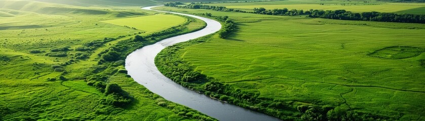 Obraz premium Aerial view of a winding river flowing through lush green fields during daytime, showcasing the beauty of nature in a peaceful landscape.