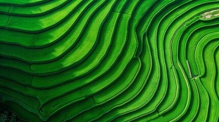 Fototapeta premium Aerial view of lush green terraced rice fields forming curved patterns, showcasing stunning landscape. Perfect for backgrounds and travel inspiration.
