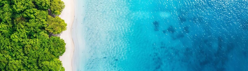 Aerial view of tropical beach with lush greenery and crystal clear turquoise water, perfect for a serene and relaxing escape.