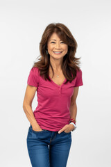 Obraz premium Smiling Woman in Pink Shirt Supporting Breast Cancer Awareness
