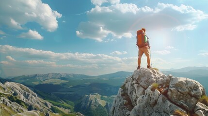 Hiker with backpack enjoying sunny day atop rock.