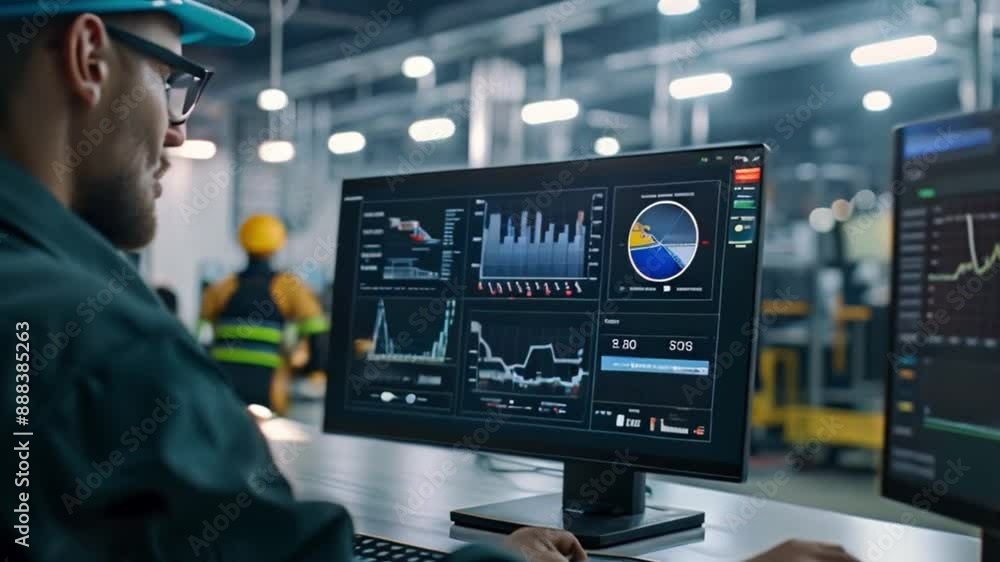 Poster a worker in an industrial setting is shown analyzing data on two large computer monitors. the monito