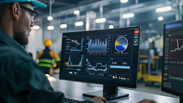 A worker in an industrial setting is shown analyzing data on two large computer monitors. The monitors display various graphs and charts, likely related to production or operations.