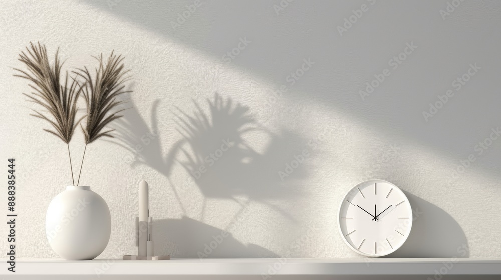 Poster a white shelf with a clock and a vase on it