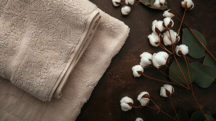 Top view of beige terry towels and cotton flowers on dark brown surface