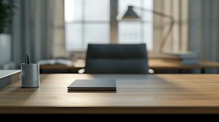 A desk with a pen and a notebook on it