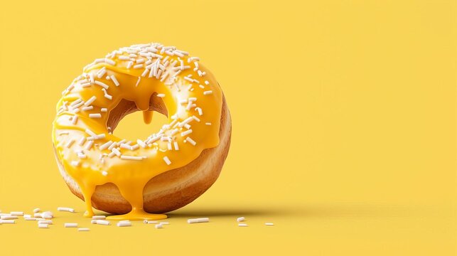 A delicious donut with yellow glaze and sprinkles on a matching yellow background, creating a vibrant and appetizing visual.