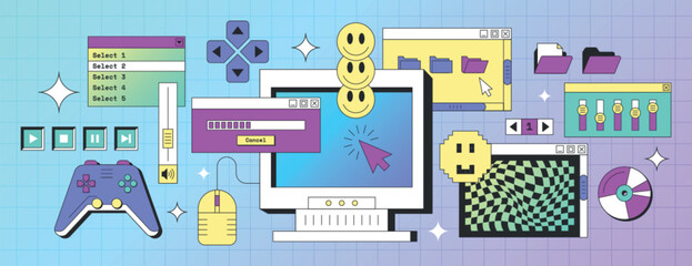 Old desktop pc screen elements in trendy y2k style. Retro computer interface with windows, buttons, message frames, folder with files, game console, mouse cursor and smile face icons. Geek sticker set © redgreystock
