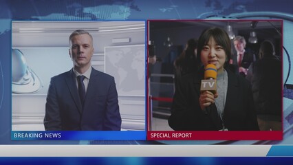 Male anchor in news studio listens live report from Asian female correspondent during Presidential...