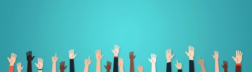 Obraz premium A diverse group of raised hands against a blue background, symbolizing unity, diversity, community support, and participation.
