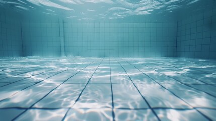 Clear blue water in an empty swimming pool with bright sunlight reflecting off the surface
