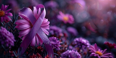 World Alzheimer's Day purple ribbon and flowers, September 21st