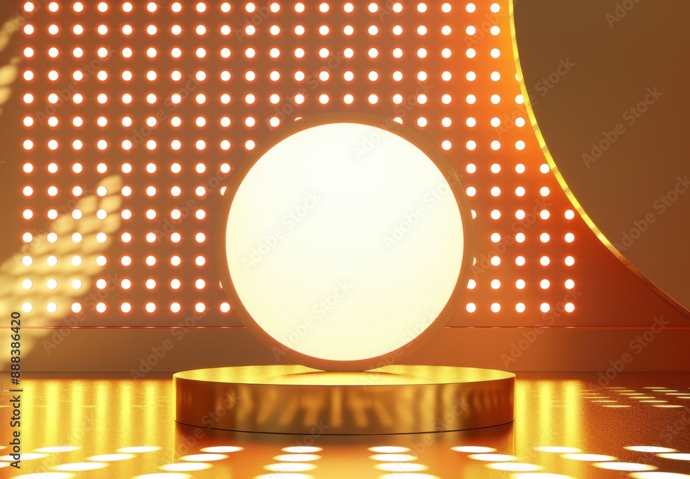 Poster gold podium with light effect and big white circle on the background, dots pattern generative ai