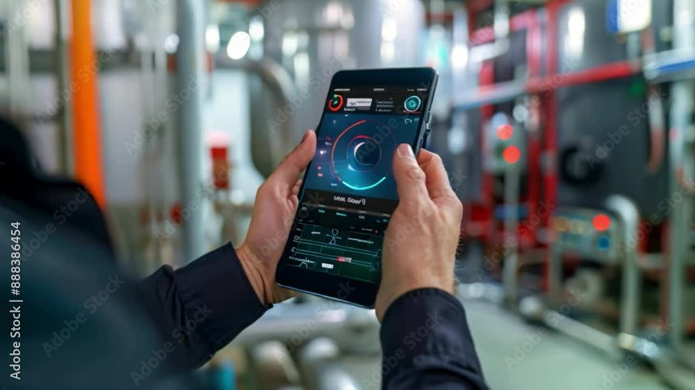 Poster a worker in an industrial setting is using a tablet to monitor data, likely for machinery or product