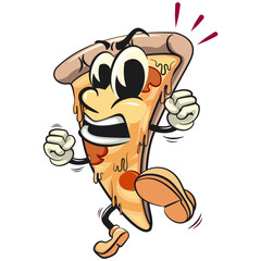 character of a slice pizza cartoon vector isolated clip art mascot illustration enthusiastically jumping and kicking, work of hand drawn
