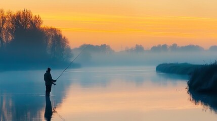 A lone fisherman stands in serene, misty waters at sunrise, casting a line into the calm river, with vibrant colors in the sky reflecting on water.