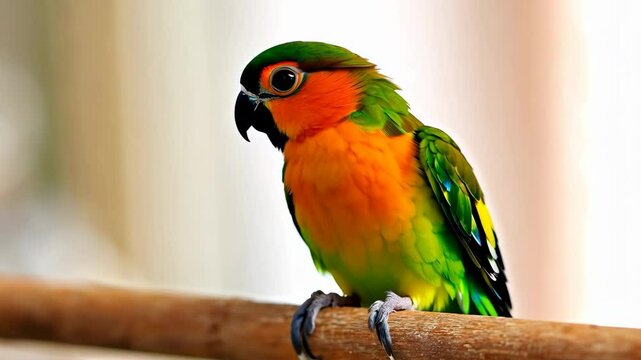 Colorful parrot with bright orange feathers and vivid blue tips perched, looking at the camera with a soft-focus background.
