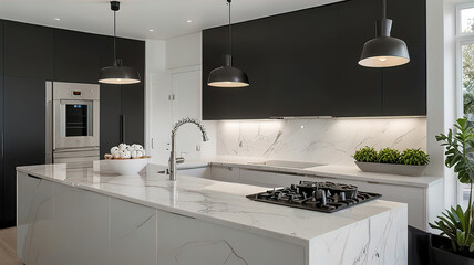 Luxurious modern kitchen with elegant minimalist design and high quality finishes, integrated stainless steel appliances,