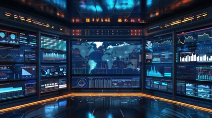 high-tech command center with virtual screens showing live updates of global financial indices and economic indicators