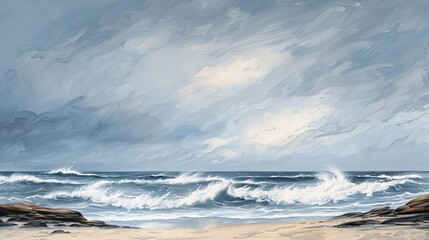 Obraz premium A painting depicting a stormy seascape with crashing waves and a dramatic sky, creating a dynamic and atmospheric coastal scene.