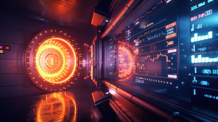 image of a secure, fortified vault, glowing from within with digital screens showing real-time financial data