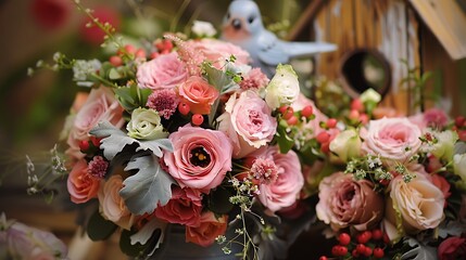 Obraz premium Beautiful bouquets and flower filled bird houses
