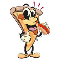 character of a slice pizza cartoon vector isolated clip art mascot illustration with hotdog, work of hand drawn