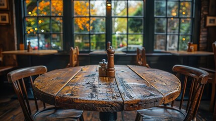 Wooden round table and pub or bar blur background