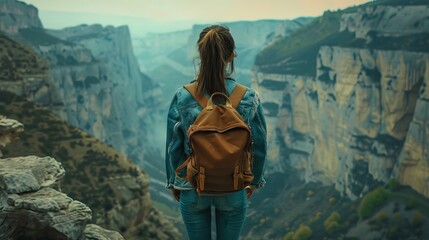 Young woman standing with backpack on cliffs edge and looking into a wide valley