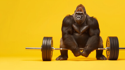 Black gorilla lifting big barbell over yellow studio background with copy space, gym advertisement