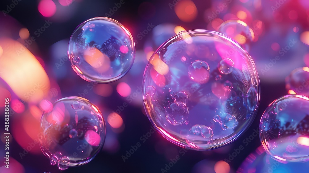 Aufkleber mesmerizing 3d rendering of floating bubbles with neon reflections on a dark background, capturing t