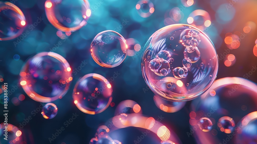 Aufkleber mesmerizing 3d rendering of floating bubbles with neon reflections on a dark background, capturing t