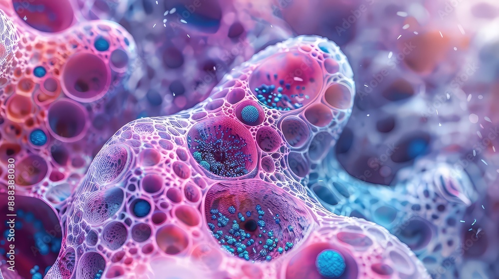 Poster microscopic view of a pink and blue cell with numerous small blue dots: cellular structure and biolo