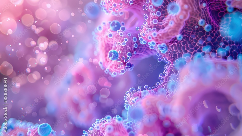Poster microscopic view of a pink and blue cell with numerous small blue dots: cellular structure and biolo
