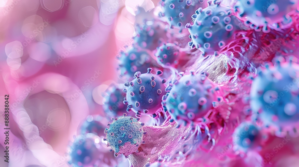 Poster microscopic view of a pink and blue cell with numerous small blue dots: cellular structure and biolo