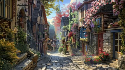 Naklejka premium Wide view of a charming village street. 