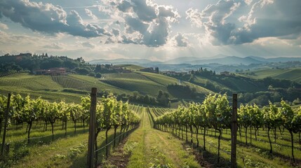 Obraz premium Wide view of a picturesque vineyard.