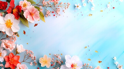 Dreamy Pastel Floral Border Frame on Pastel Blue Background