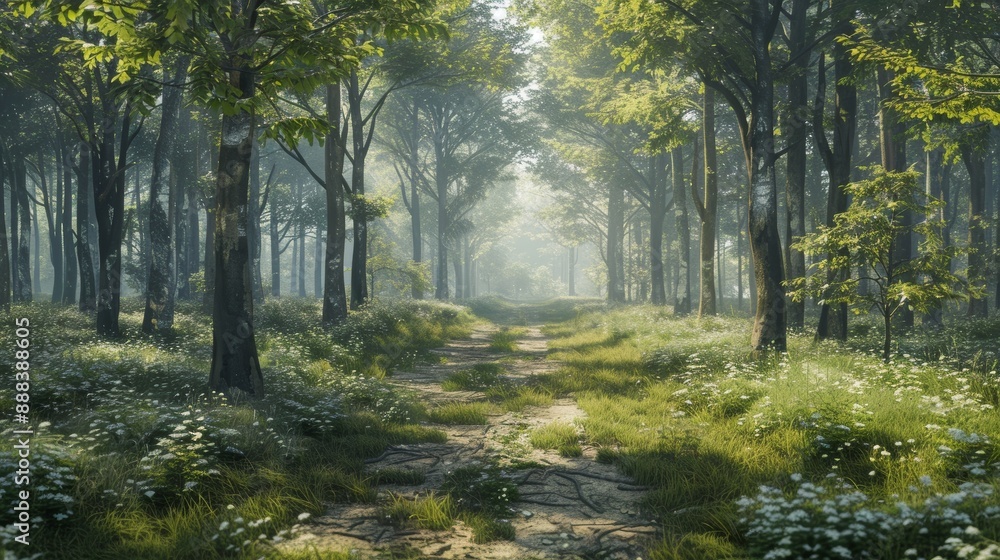 Poster a tranquil forest path illuminated by soft morning light, inviting exploration in a serene natural s