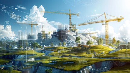 artistic rendering of capital expenditure planning, shown as a digital landscape with various construction projects being plotted and developed