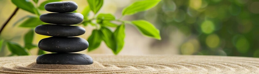 Balanced stack of smooth black stones on raked sand in a zen garden with green leaves in the background, symbolizing peace and relaxation.