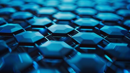 Obraz premium Close-up view of blue hexagonal tiles creating a futuristic, geometric pattern with a reflective surface