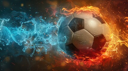 Fototapeta premium Dynamic Soccer Ball Engulfed in Stylized Flames and Ice, Symbolizing Intense Competition and Duality of Elements in Sports