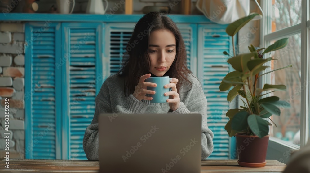 Wall mural Woman with Coffee at Laptop