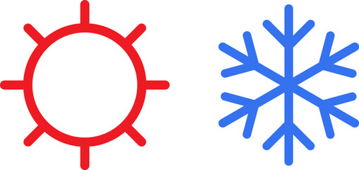 Sun and snowflake icon outline. Red sun and blue snowflake